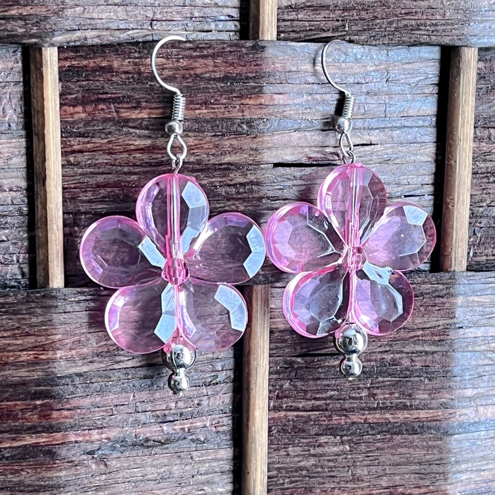 Pink Flower Gem Pendant Earrings